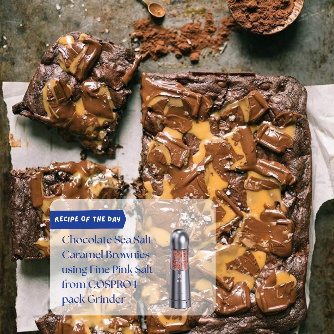 Chocolate Sea Salt Caramel Brownies using Fine Pink Salt from COSPRO 1-pack Grinder