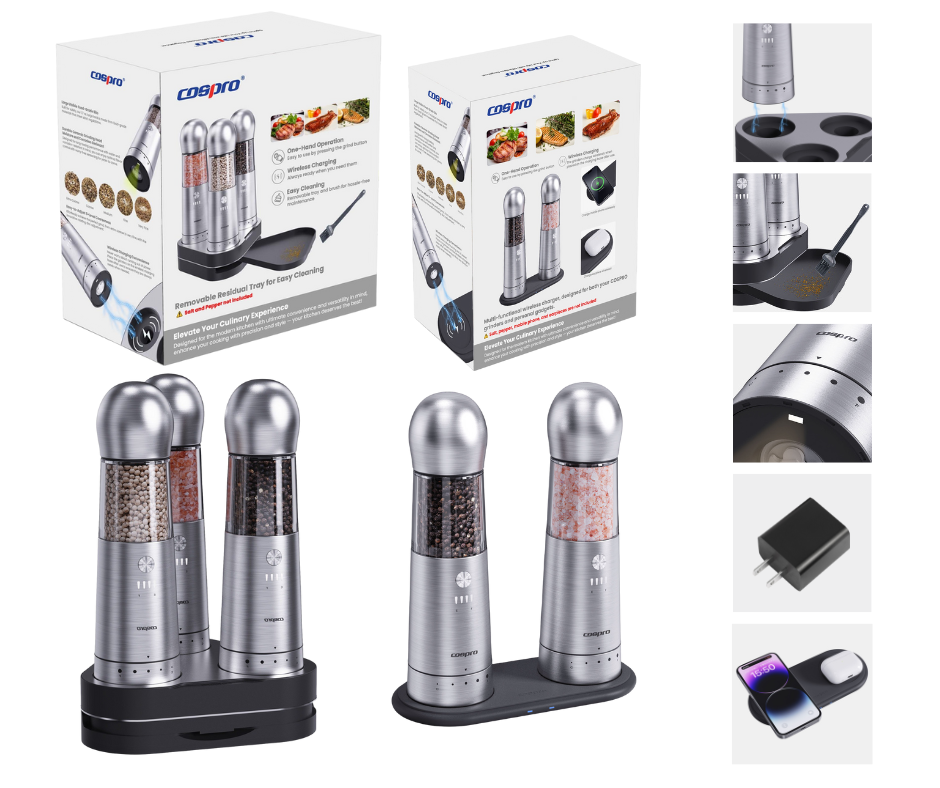 COSPRO Essential Kitchen Bundle: 2-in-1 Electric Salt & Pepper Grinder + 3-in-1 Electric Grinder Set